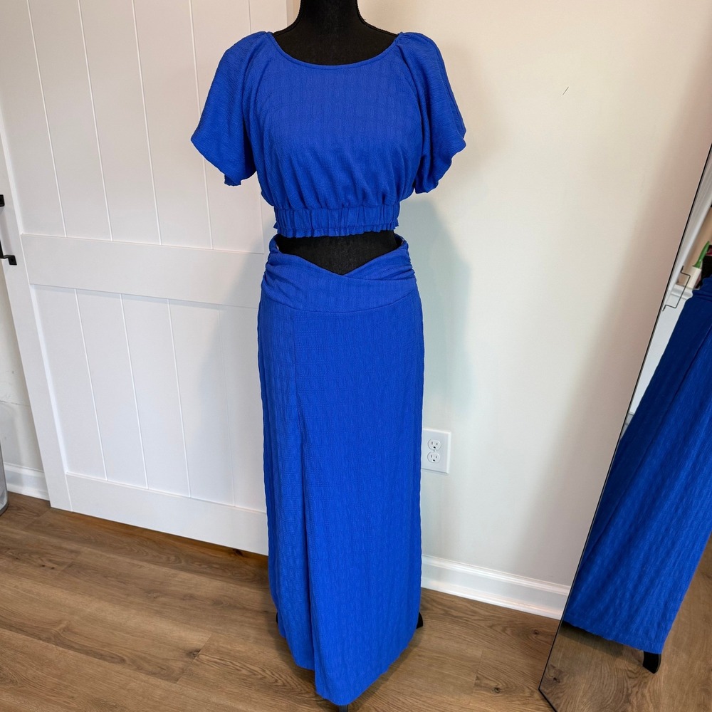 Free People Blue Textured Two Piece Crop Top and Maxi Skirt Set Size S